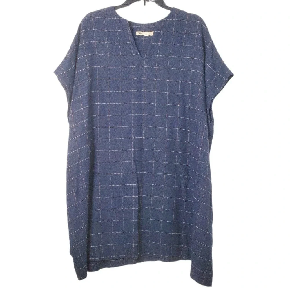 SBJ Austin Mary Dress Tunic Navy Blue Plaid Cotton Oversized Square V-Neck OS‎